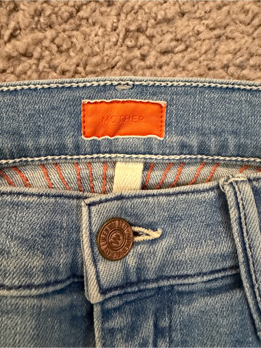 MOTHER Light Blue Denim Jeans with Orange Logo Patch